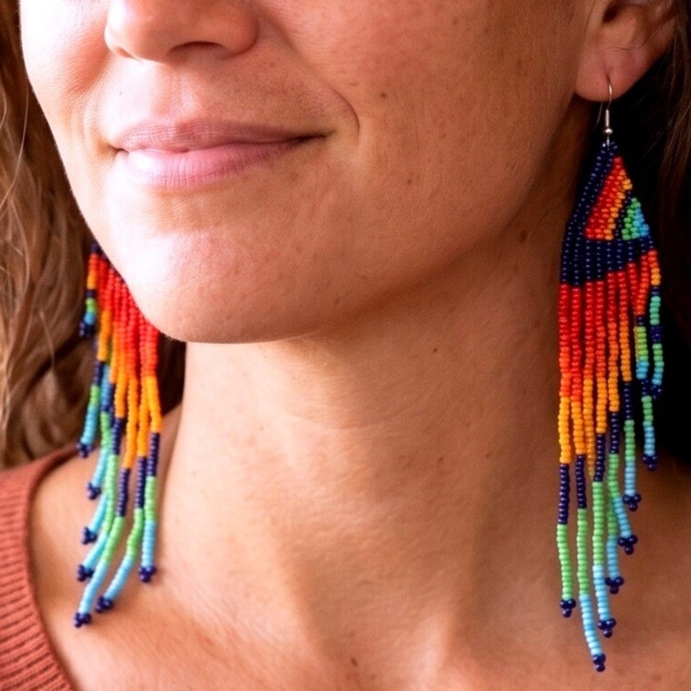 Rainbow Seed Bead Fringe Earrings Long Geometric Dangle Boho Southwestern Multi